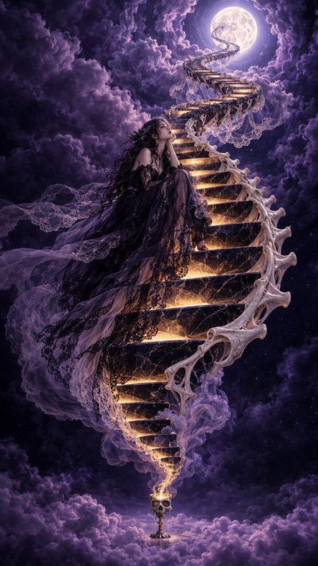Pensive gothic woman in black lace gown sits on a glowing bone spiral staircase twisting toward a...