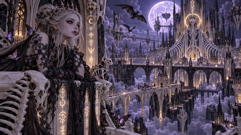 Pale gothic undead queen leans on a skeletal rune-carved balcony, overlooking a floating spired d...