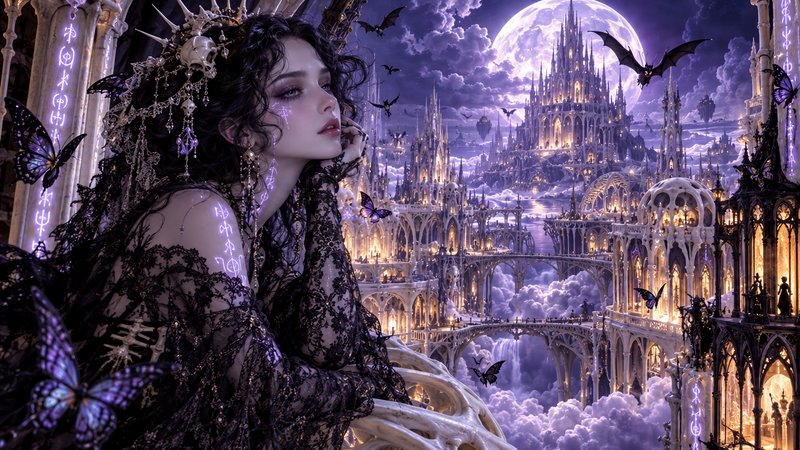 A gothic dark queen with a skull crown overlooks a glowing floating fantasy castle city above clo...