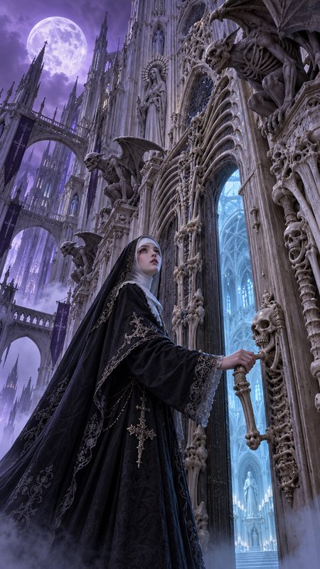 Solemn gothic nun opens bone-carved cathedral doors beneath a glowing purple full moon, skeletal ...