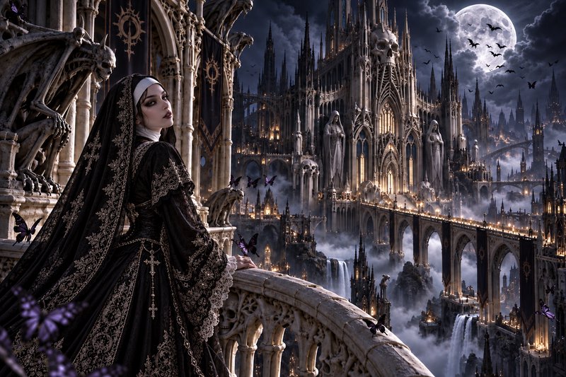 Gothic fantasy nun stands on a carved stone balcony overlooking a massive skull-adorned gothic ca...