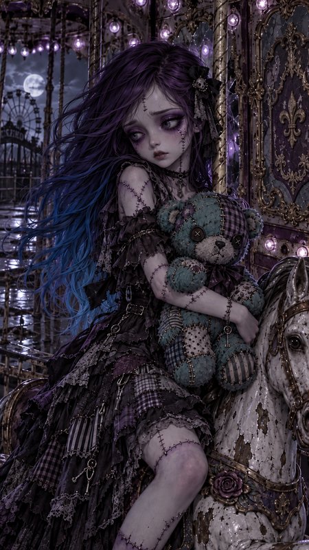 Melancholy stitched goth doll girl holding patchwork teddy sits on an abandoned moonlit carousel