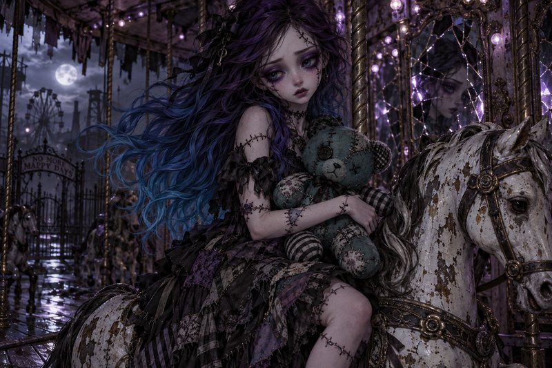 Sorrowful stitched gothic doll with gradient hair holds a patchwork teddy while seated on a decay...