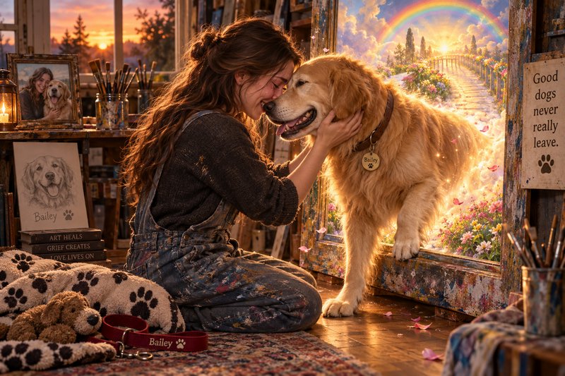 Tearful female artist touches noses with golden retriever Bailey stepping from a glowing Rainbow ...