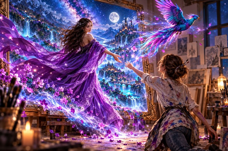 Artist reaches toward a fantasy woman in a flowing purple gown emerging from a glowing enchanted ...