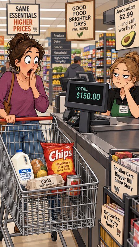 Satirical cartoon showing a shocked grocery shopper staring at a $150 checkout total next to a bo...