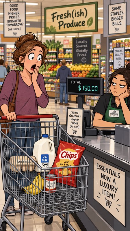Satirical cartoon of shocked grocery shopper staring at a $150 checkout total for basic staple gr...