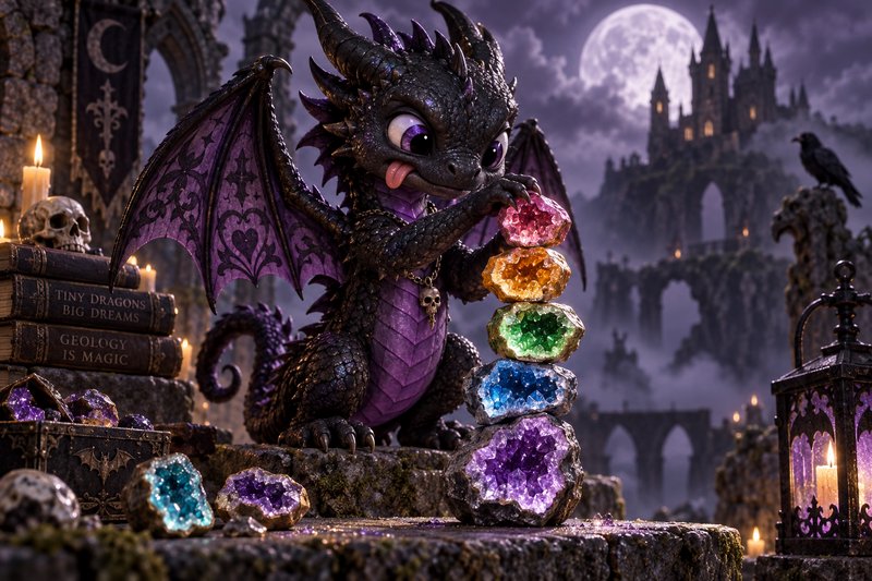 Cute chibi gothic baby dragon stacking rainbow geode crystals in moonlit medieval castle ruins