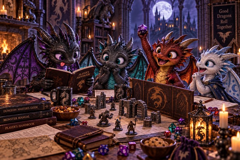 Four cute whimsical baby dragons playing a D&D tabletop RPG, one celebrating a natural 20 dice ro...