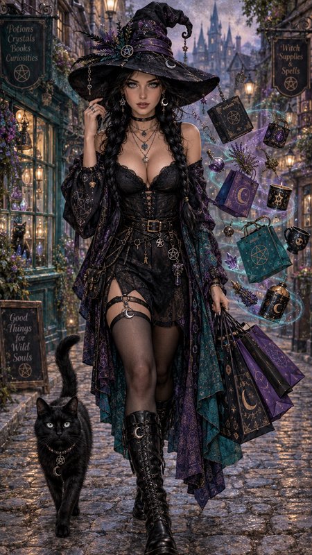 Elegant gothic witch walks a magical cobblestone market street with her black cat familiar, encha...