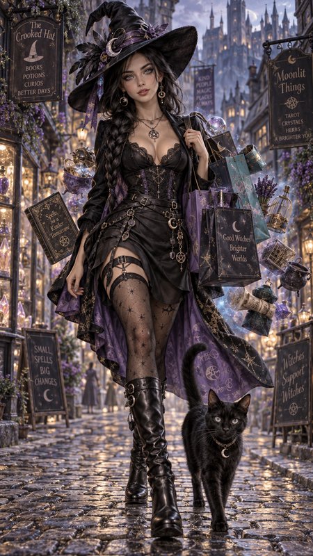 Elegant gothic fantasy witch walks with her black cat familiar carrying enchanted shopping bags d...