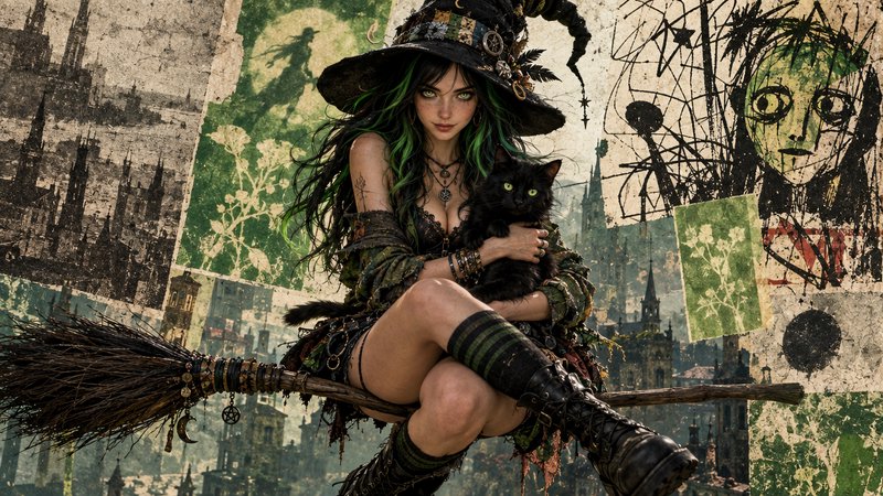 Green-haired fantasy witch holding a black cat sits on a decorated broom against a mixed media go...