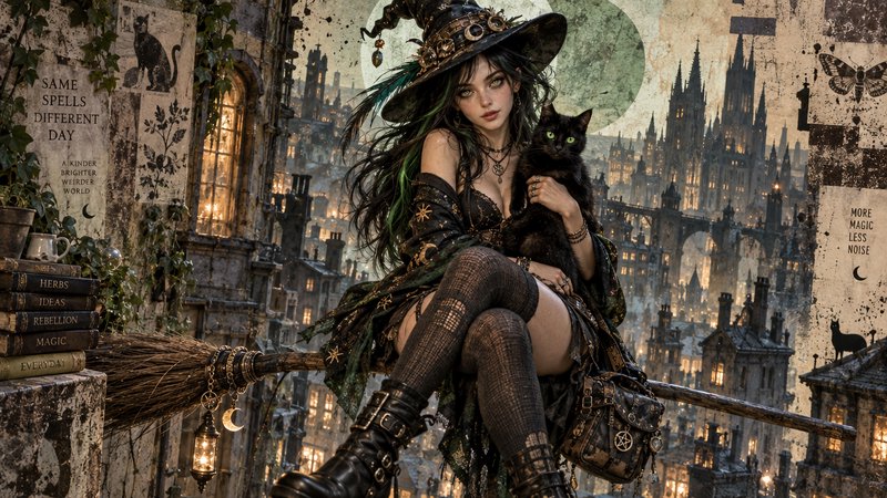 Ornate hatted witch sits on a flying broom holding a black cat, overlooking a glowing moonlit got...