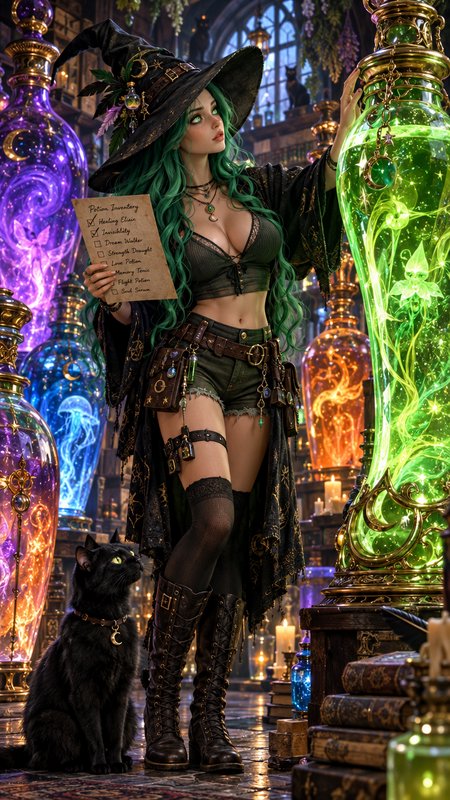 Green-haired fantasy witch holds a potion inventory list beside glowing magical potions and her b...