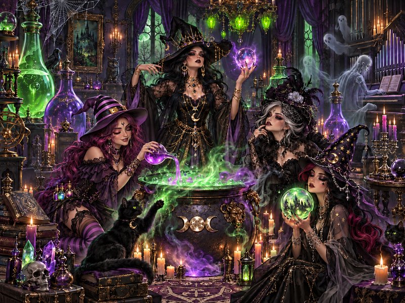 Coven of gothic witches conjure magic around a glowing bubbling cauldron inside an opulent spooky...