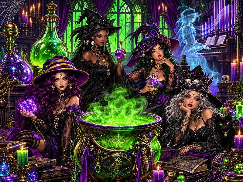 Four glamorous gothic witches gather around a bubbling glowing green cauldron in an ornate magica...