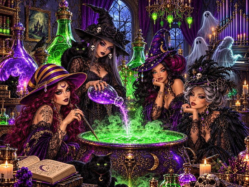 Glamorous coven of witches brew glowing magic potions around an ornate cauldron in a gothic spell...