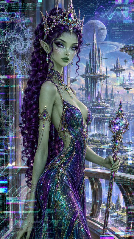 Regal cyberpunk elven queen with purple hair, jeweled crown, and staff overlooks a futuristic floating alien city with