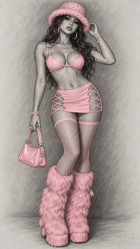 Detailed pencil illustration of a glamorous woman wearing a coordinated pink Y2K fashion outfit