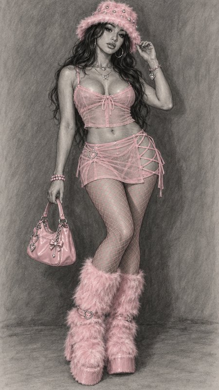 Detailed pencil fashion sketch of a posed woman wearing a full pastel pink coquette Y2K outfit with matching accessories.