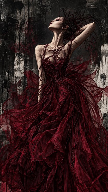 Gothic fine art portrait of slender ethereal woman in dramatic deep red tulle gown, head tilted back against grungy
