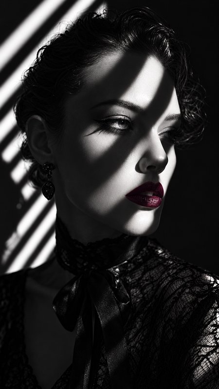 High contrast black and white portrait of elegant vintage woman with window blind shadow stripes and bold deep red lipstick.