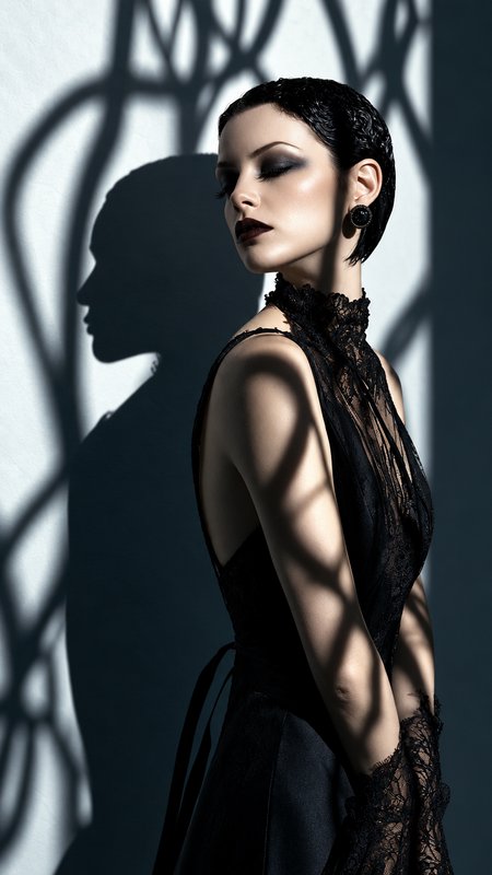 High fashion gothic portrait of a woman in black lace gown, with dramatic branching shadows cast across her skin and