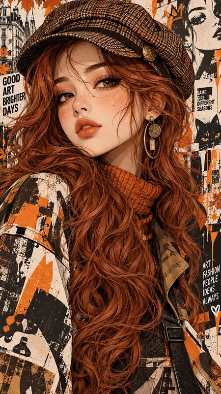 Stylish young woman with long curly red hair and houndstooth cap against grunge street art backdrop