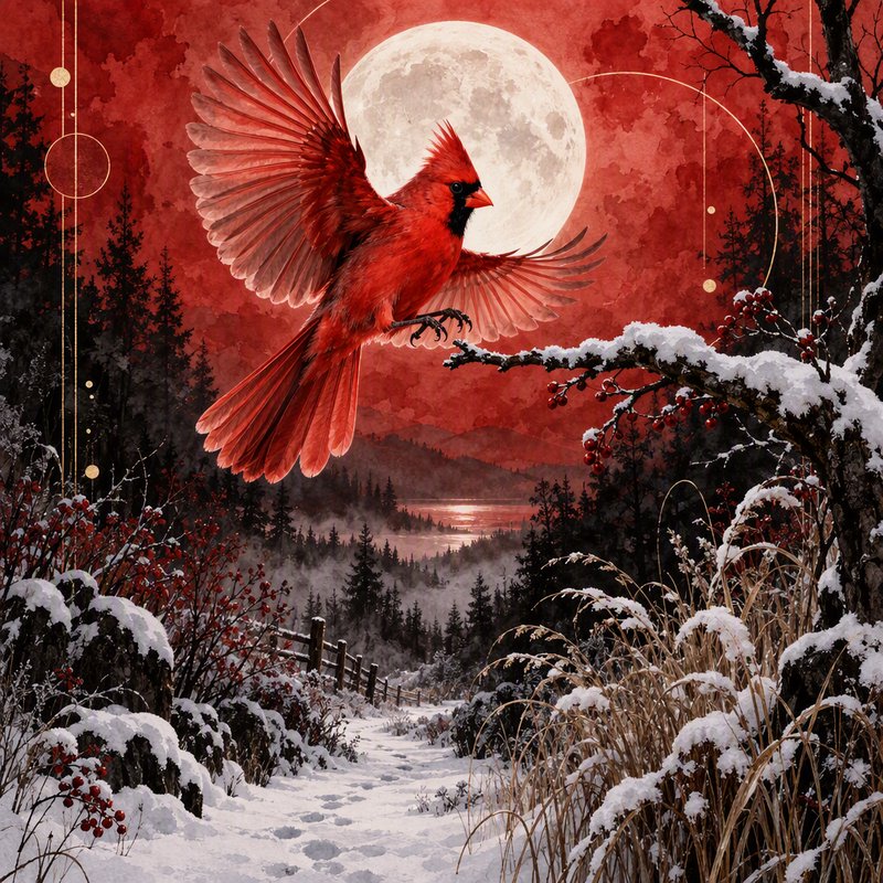 Bright red male cardinal in flight before a full moon over a snowy winter forest trail