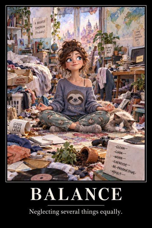Whimsical cartoon girl meditates cross-legged in a chaotic cluttered bedroom under a humorous "Balance" meme caption