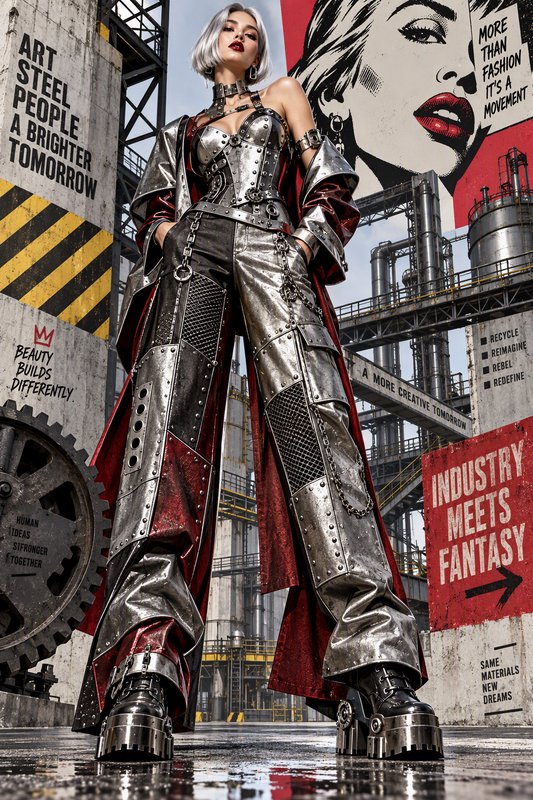 Low angle shot of a platinum blonde model in elaborate steampunk couture standing in an industrial factory art space