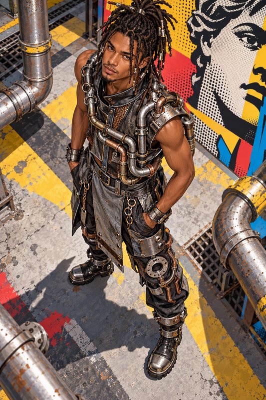 Young man in elaborate pipe-adorned steampunk costume looks up from a weathered industrial platform