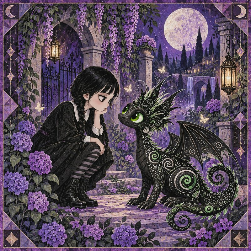 Braided gothic girl kneeling face to face with an ornate baby dragon in a moonlit purple flower garden