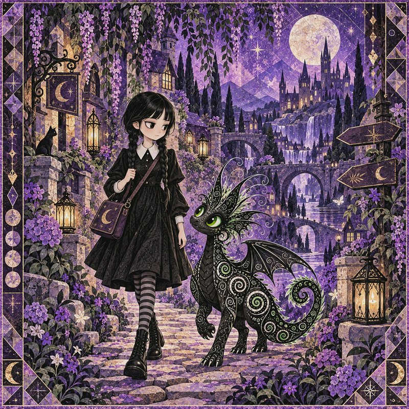 Gothic anime girl walks with an ornate black baby dragon along a moonlit fantasy village cobblestone path