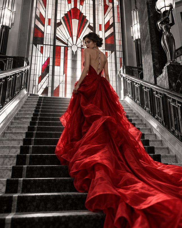 Woman in a voluminous backless red gown looks back over her shoulder from a grand art deco staircase