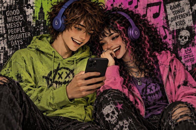 Smiling alternative teen couple wearing headphones laugh while viewing a shared smartphone agains...