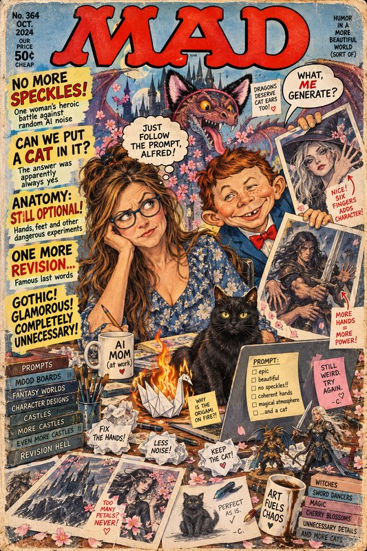 Satirical MAD magazine cover poking fun at common generative AI art creation frustrations
