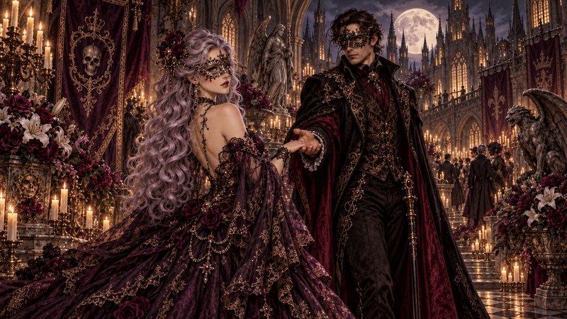 Masked gothic masquerade couple hold hands in an ornate candlelit castle ballroom under a full moon