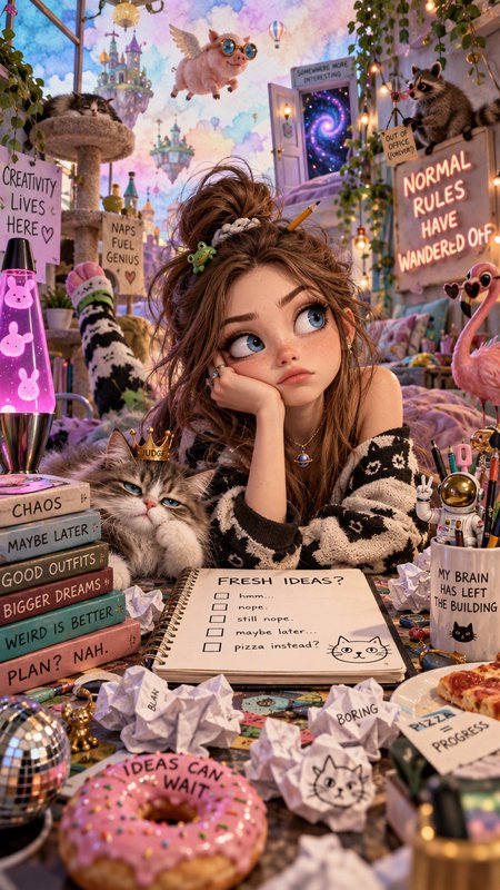 Bored cartoon girl rests her chin on her hand at a cluttered whimsical desk with a grumpy cat and...