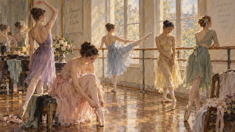 Impressionist oil painting of ballerinas preparing for class in a sunlit vintage ballet studio