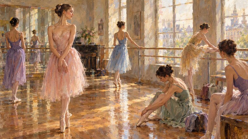 Graceful ballerinas in pastel tutus practice and rest in a sunlit vintage ballet studio