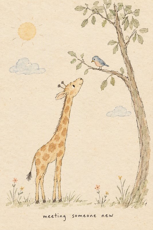 Gentle illustrated giraffe looks up at a small blue bird on a tree branch, with handwritten meeti...