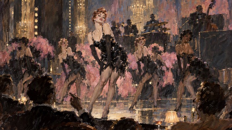 Sequined showgirls perform on a glittering nightclub stage with a live jazz band and seated audience