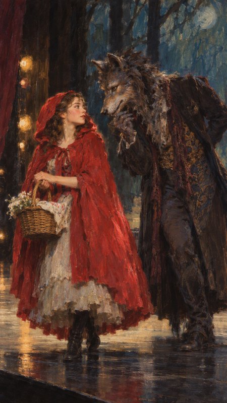 Little Red Riding Hood holding a wicker basket gazes up at an elegantly dressed anthropomorphic wolf on a moonlit stage
