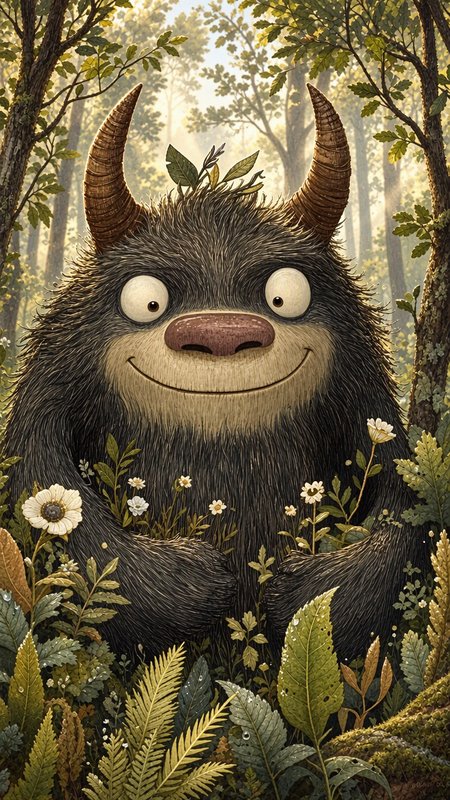 Smiling fluffy horned forest creature peeks from sunlit woodland undergrowth