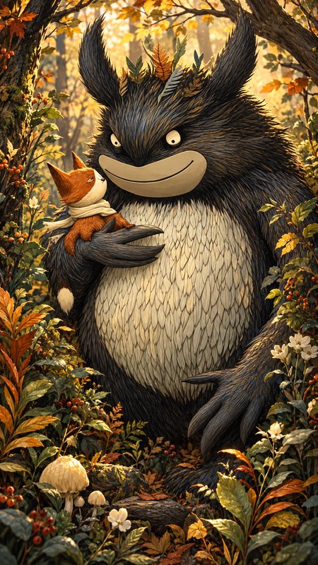 Fluffy Totoro-like forest spirit holds a small scarf-wearing fox in a sunlit autumn forest
