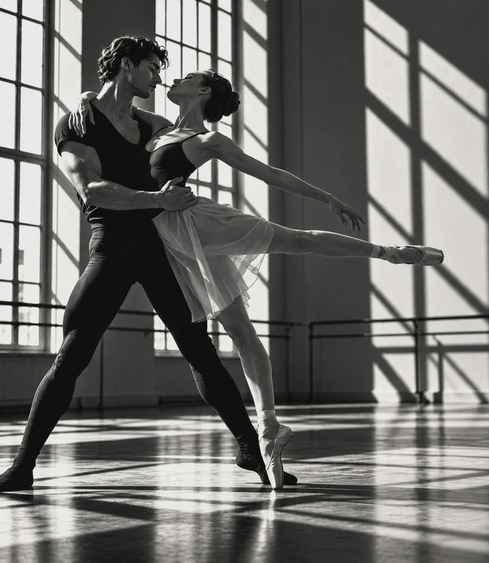 Male ballet dancer supports his partner holding an arabesque pose in a sunlit dance studio