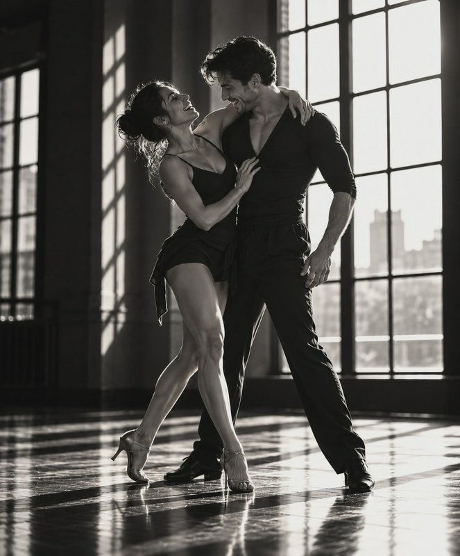 Smiling ballroom dance couple shares a playful joyful moment mid-pose in a sunlit city dance studio