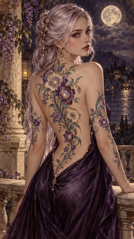 Ethereal silver-haired woman with elaborate floral back tattoos stands on a moonlit terrace overlooking a lakeside town