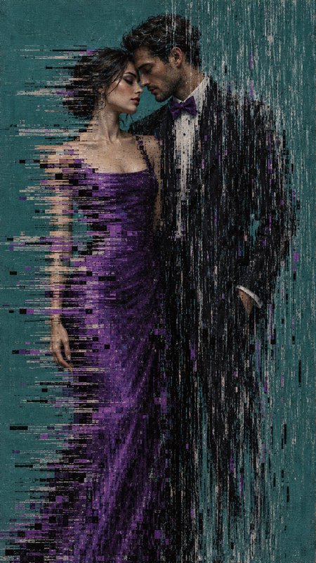 Glitch art portrait of an elegant formal couple pressing their foreheads together against a deep teal background